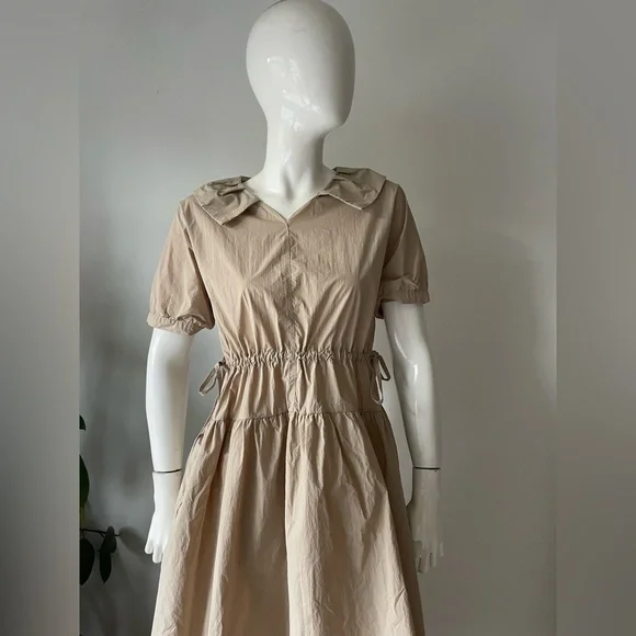 Masion Limo Beige Midi Dress Puff Sleeve Drawstring Waist Minimalist Chic - Picture 2 of 9